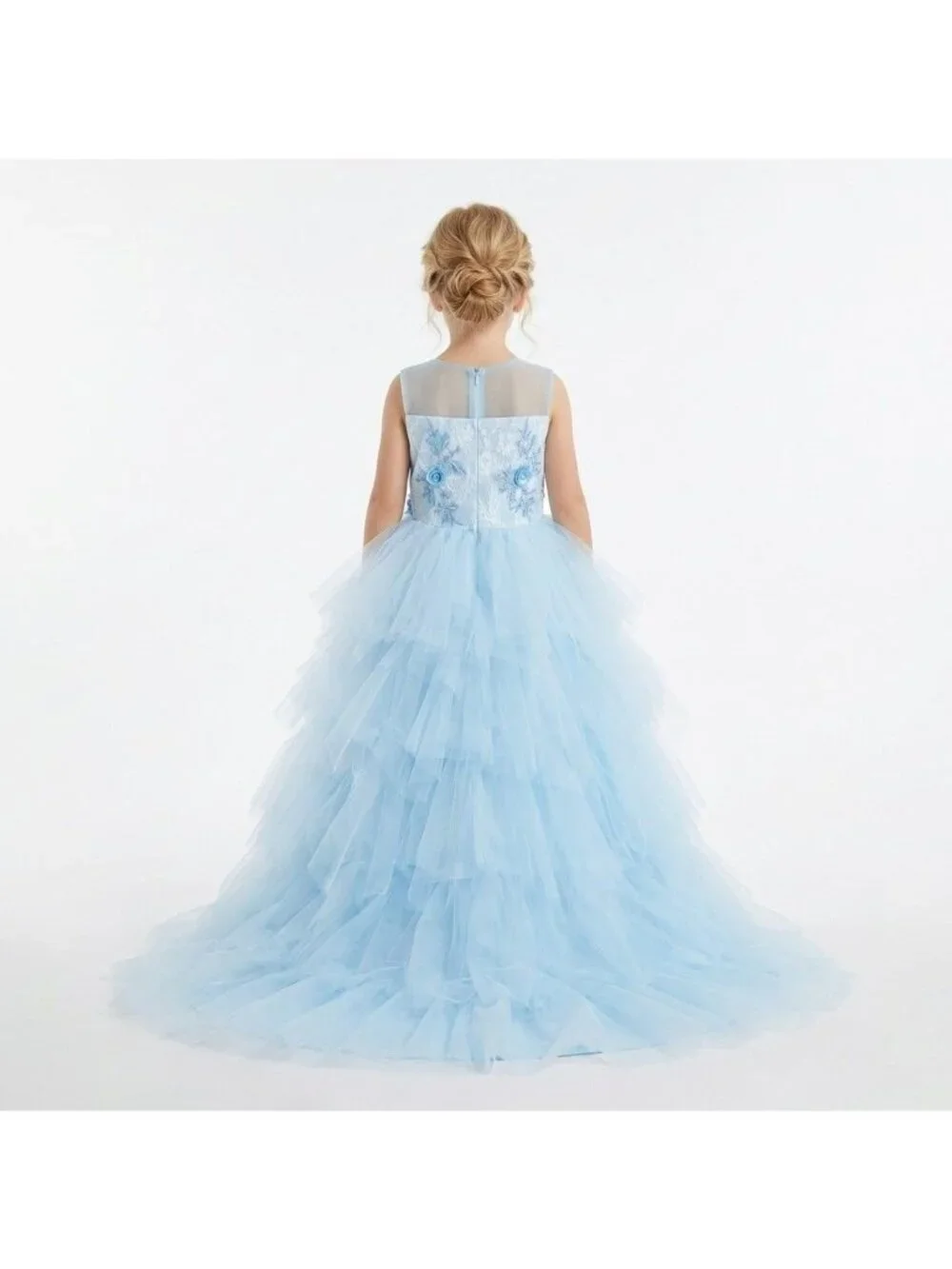 Girls Fairy Tale Princess Dress Ice Blue Tulle Floral Appliqué Birthday Party